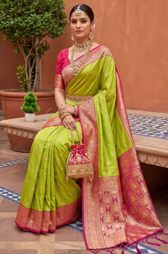 Parrot green soft banarasi silk blend saree with zari weaving meenakari design
