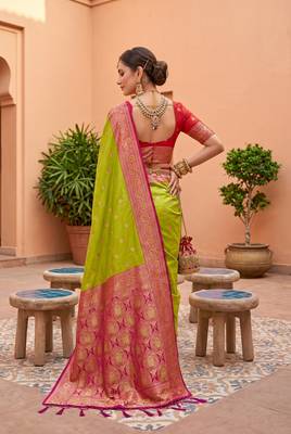 Parrot green soft banarasi silk blend saree with zari weaving meenakari design 4