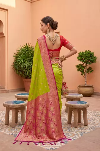 Parrot green soft banarasi silk blend saree with zari weaving meenakari design