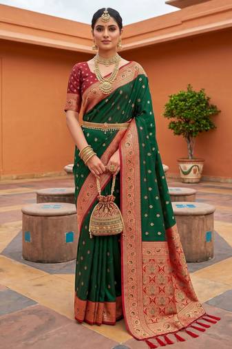 Green soft banarasi silk blend saree with zari weaving meenakari design