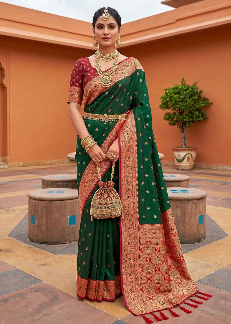 Green soft banarasi silk blend saree with zari weaving meenakari design
