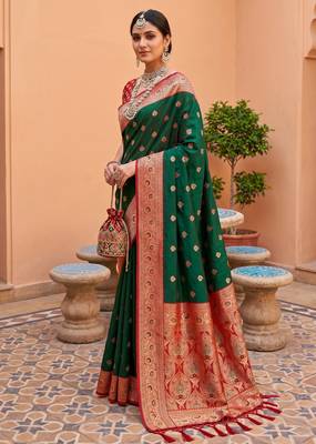 Green soft banarasi silk blend saree with zari weaving meenakari design 2