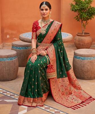 Green soft banarasi silk blend saree with zari weaving meenakari design 3