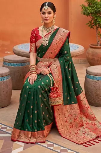 Green soft banarasi silk blend saree with zari weaving meenakari design