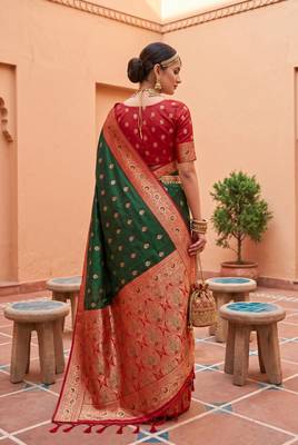 Green soft banarasi silk blend saree with zari weaving meenakari design 4