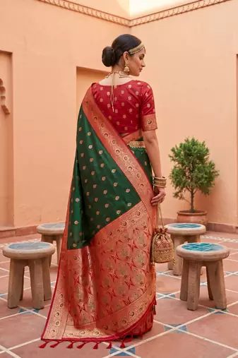 Green soft banarasi silk blend saree with zari weaving meenakari design