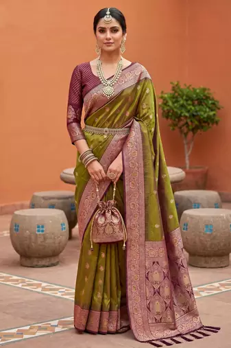 Mahendi  soft banarasi silk blend saree with zari weaving meenakari design