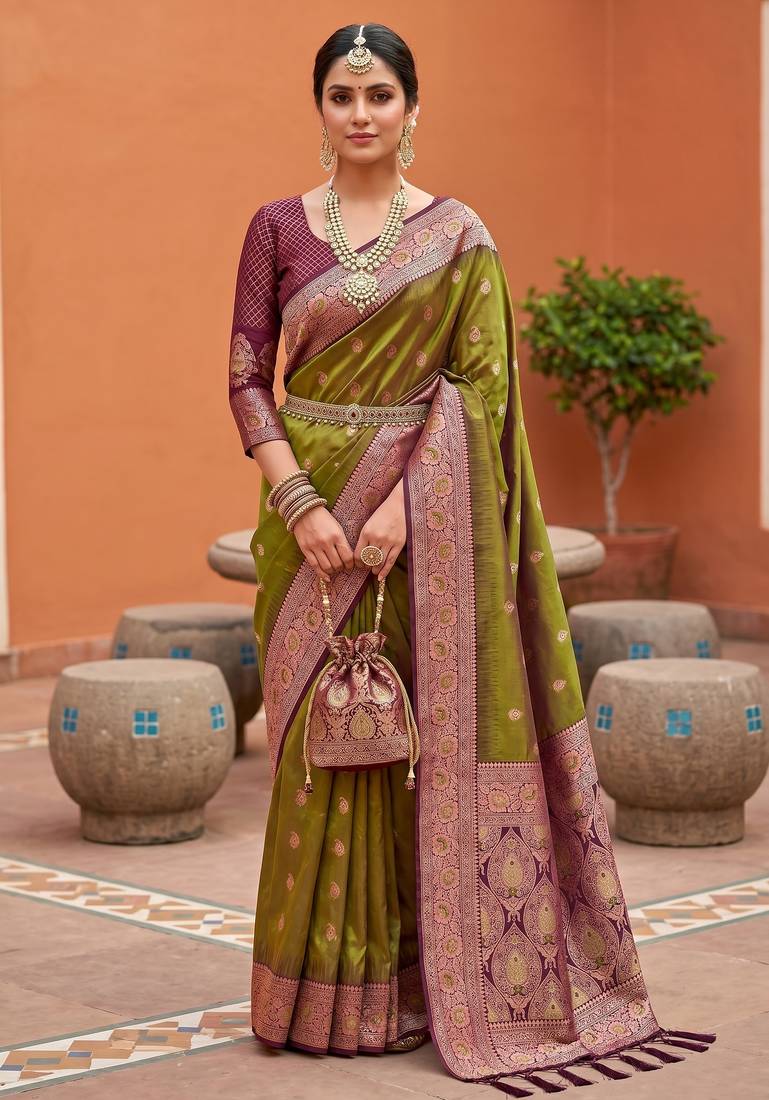 Mahendi  soft banarasi silk blend saree with zari weaving meenakari design