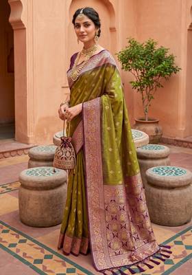 Mahendi  soft banarasi silk blend saree with zari weaving meenakari design 2