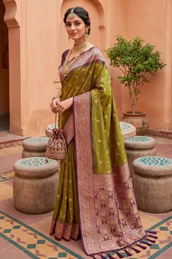 Mahendi  soft banarasi silk blend saree with zari weaving meenakari design