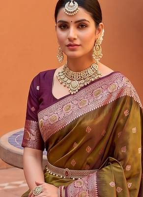 Mahendi  soft banarasi silk blend saree with zari weaving meenakari design 3