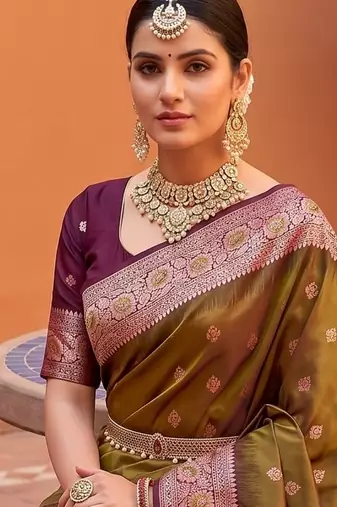 Mahendi  soft banarasi silk blend saree with zari weaving meenakari design