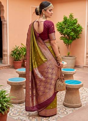 Mahendi  soft banarasi silk blend saree with zari weaving meenakari design 4