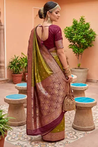 Mahendi  soft banarasi silk blend saree with zari weaving meenakari design