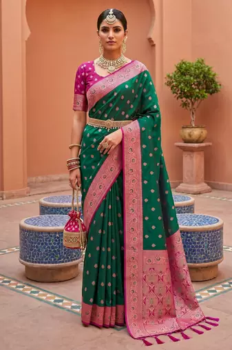 Sea green soft banarasi silk blend saree with zari weaving meenakari design