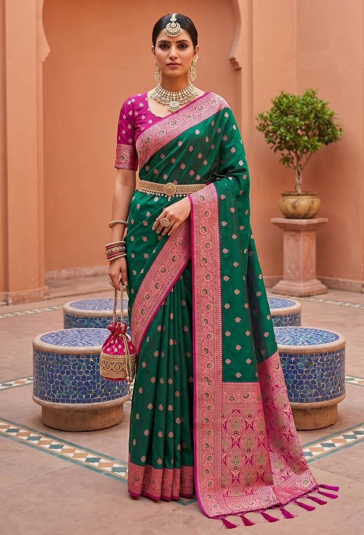 Sea green soft banarasi silk blend saree with zari weaving meenakari design