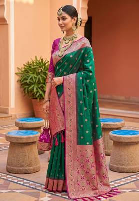 Sea green soft banarasi silk blend saree with zari weaving meenakari design 2
