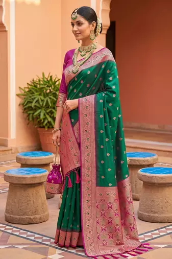 Sea green soft banarasi silk blend saree with zari weaving meenakari design