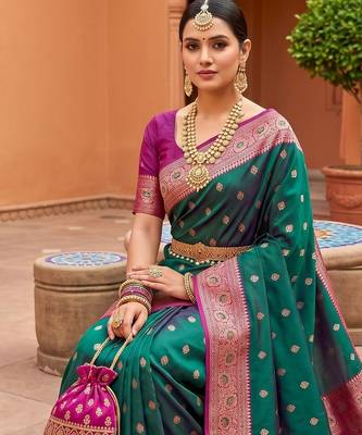 Sea green soft banarasi silk blend saree with zari weaving meenakari design 3