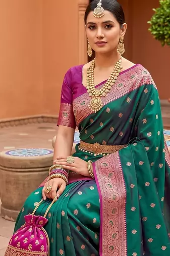 Sea green soft banarasi silk blend saree with zari weaving meenakari design