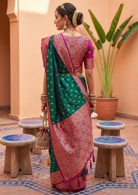 Sea green soft banarasi silk blend saree with zari weaving meenakari design 4
