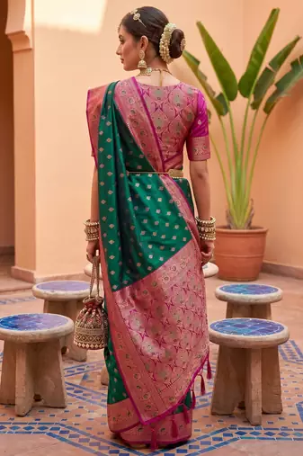 Sea green soft banarasi silk blend saree with zari weaving meenakari design