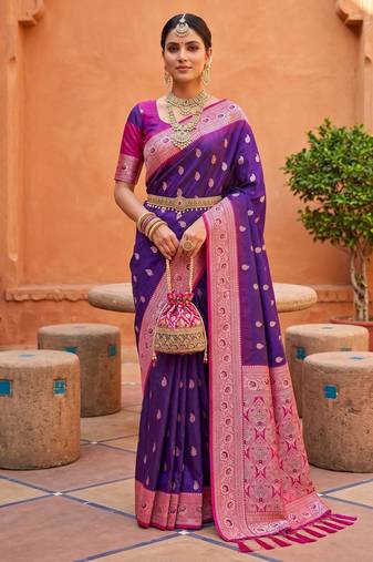 Violet soft banarasi silk blend saree with zari weaving meenakari design