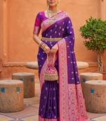 Violet soft banarasi silk blend saree with zari weaving meenakari design