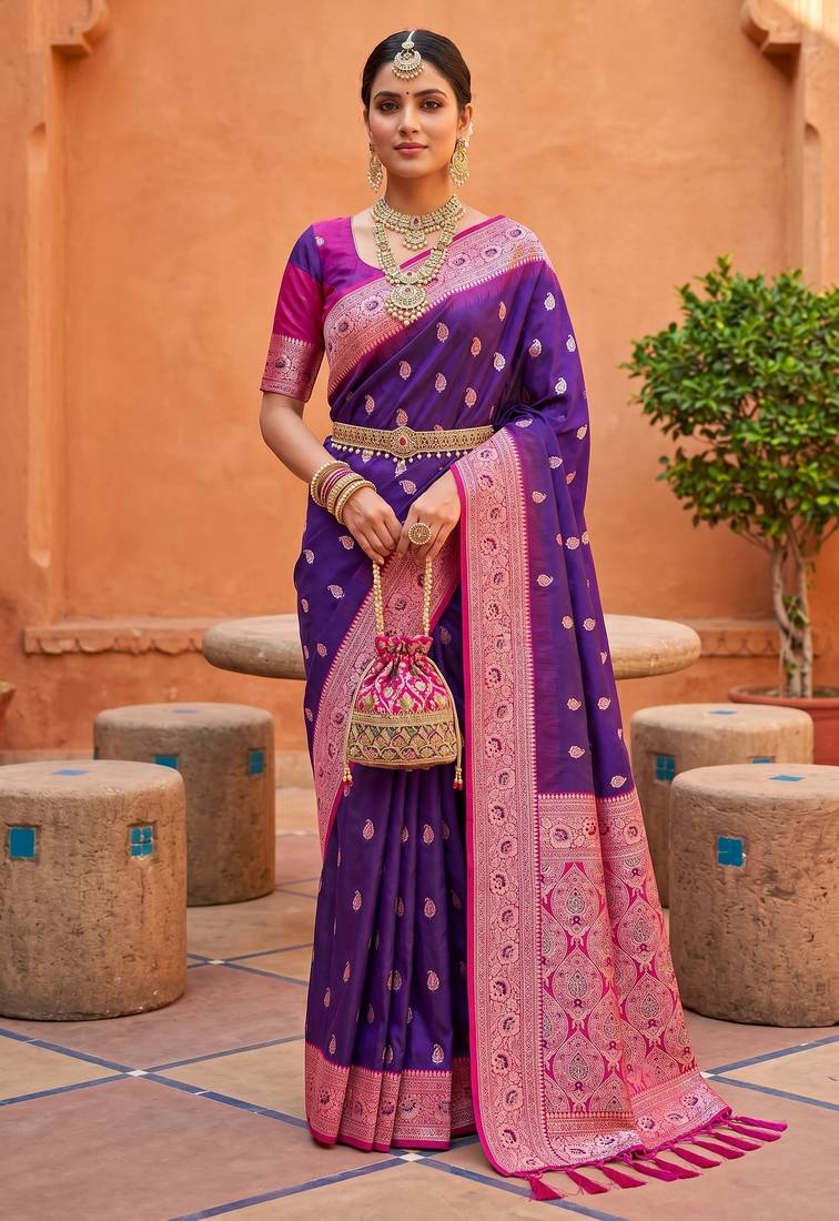 Violet soft banarasi silk blend saree with zari weaving meenakari design