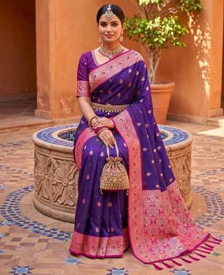 Violet soft banarasi silk blend saree with zari weaving meenakari design 2