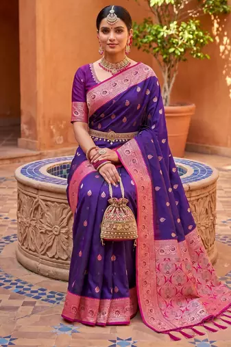 Violet soft banarasi silk blend saree with zari weaving meenakari design
