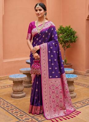 Violet soft banarasi silk blend saree with zari weaving meenakari design 3