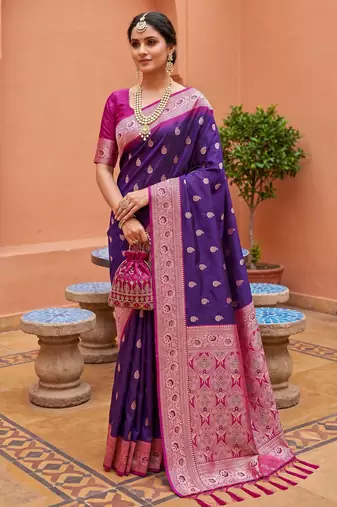 Violet soft banarasi silk blend saree with zari weaving meenakari design
