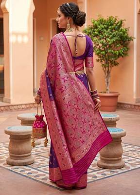 Violet soft banarasi silk blend saree with zari weaving meenakari design 4