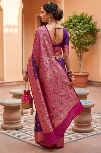 Violet soft banarasi silk blend saree with zari weaving meenakari design