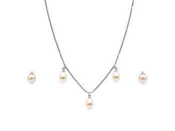 Freshwater pearl jewellery set, silver chain necklace with triple drop pendants and stud earrings 2