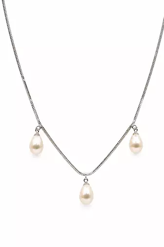 Freshwater pearl jewellery set, silver chain necklace with triple drop pendants and stud earrings