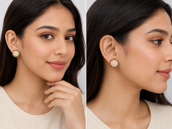 Round pearl cluster stud earrings with ruby, emerald and diamond accents, gold-toned, traditional indian style 4