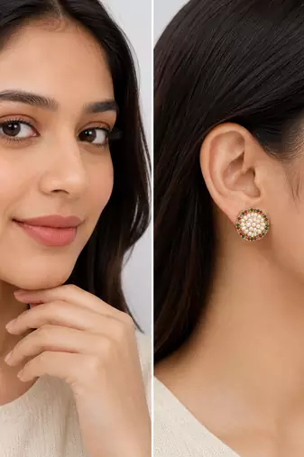 Round pearl cluster stud earrings with ruby, emerald and diamond accents, gold-toned, traditional indian style
