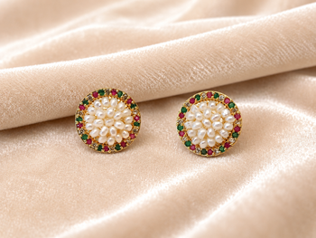 Round pearl cluster stud earrings with ruby, emerald and diamond accents, gold-toned, traditional indian style 5