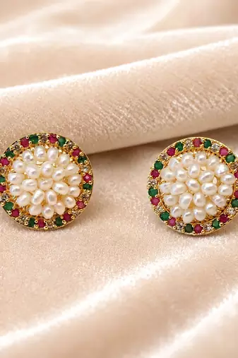 Round pearl cluster stud earrings with ruby, emerald and diamond accents, gold-toned, traditional indian style