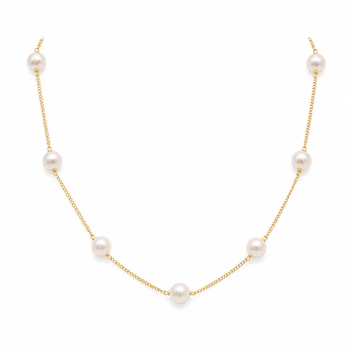 Pearl station necklace and stud earrings set, white, gold-tone chain, elegant jewellery set for women 1
