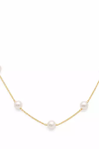 Pearl station necklace and stud earrings set, white, gold-tone chain, elegant jewellery set for women