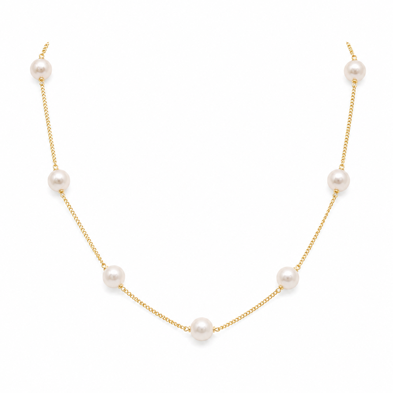 Pearl station necklace and stud earrings set, white, gold-tone chain, elegant jewellery set for women