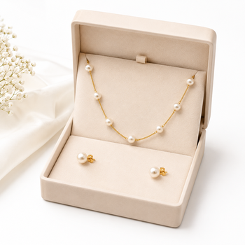 Pearl station necklace and stud earrings set, white, gold-tone chain, elegant jewellery set for women 2
