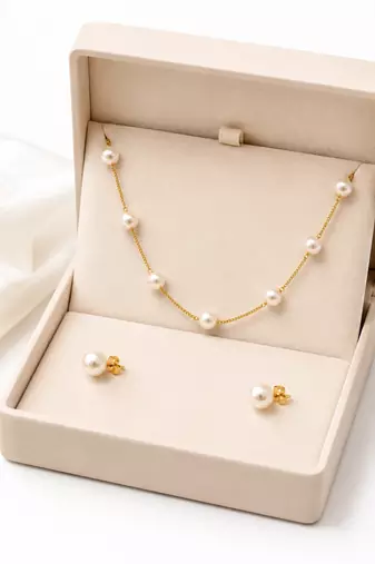 Pearl station necklace and stud earrings set, white, gold-tone chain, elegant jewellery set for women