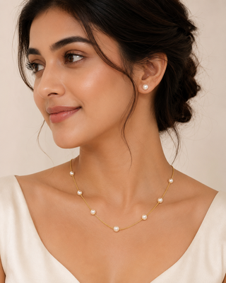 Pearl station necklace and stud earrings set, white, gold-tone chain, elegant jewellery set for women 3