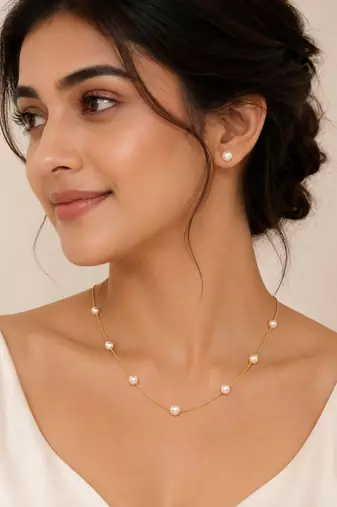 Pearl station necklace and stud earrings set, white, gold-tone chain, elegant jewellery set for women