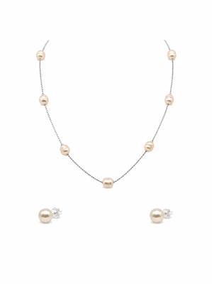 Pearl station necklace and stud earrings jewellery set, silver chain, white, earrings included 1