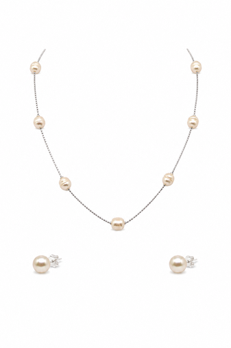 Pearl station necklace and stud earrings jewellery set, silver chain, white, earrings included